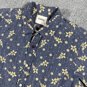 Kardo Button Shirt Mens Medium Blue Floral All Over Print Short Sleeve Cotton